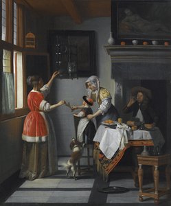 オウムに餌をやる子供がいるインテリアHooch、Pieter、de