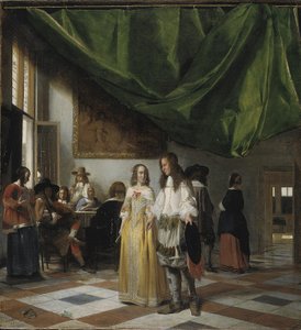 若いカップルと音楽を作る人々 のインテリア 作： Pieter de Hooch