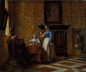 エレガントな雰囲気の中での余暇、c.1663-65（帆布に油彩） 作： Pieter de Hooch