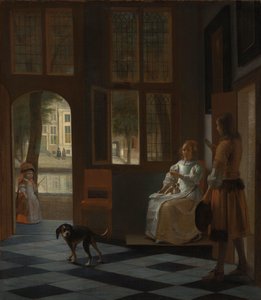 家の玄関ホールで女性に手紙を渡す男性 作： Pieter de Hooch