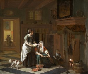 暖炉のそば、1670～1675年頃（キャンバスに油彩） 作： Pieter de Hooch