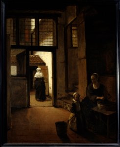 オランダの家の裏庭の風景 ペーター・デ・ホーホ（1629-1681）の絵（ec.flam.） 17世紀 日の丸0.6x0.49 m パリ、ルーヴル美術館 作： Pieter de Hooch