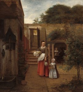 中庭の女性と子供 作： Pieter de Hooch