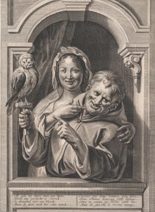 フクロウを連れた愚か者と窓際の女、17世紀。 作： Pieter de Jode II