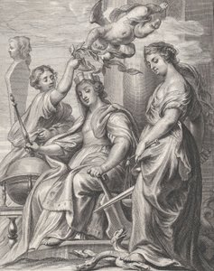 善政の寓話、中央に座り、プットとウーで冠をかぶっている。 1640-74。 作： Pieter de Jode II