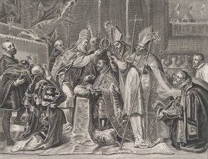 プレート 24: ウィリアム ベカヌスの「Serenissimi P..., 1636」より、教皇によって皇帝に戴冠したカール 5 世。 作： Pieter de Jode II