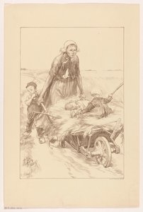 干し草と 2 人の子供と一緒に手押し車を押す農家の妻 作： Pieter de Josselin