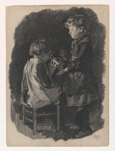 少女が妹に水差しのミルクを飲ませる 作： Pieter de Josselin