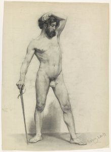 右向き、剣を持った裸の男性の立ち姿