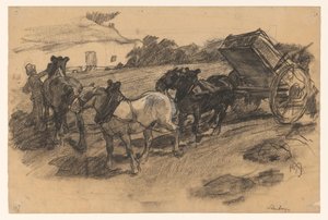 リンブルグ州の傾斜した農地にあるワゴン用の 3 頭の馬の手綱 作： Pieter de Josselin