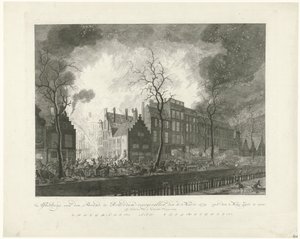 1779年、ロッテルダムのPottebakkerssteegでの火災 画像、ヴァン・デン・ブランド、ロッテルダムで11日。 1779 年 3 月。ファン デン マースのシルクが展示されています (オブジェクトのタイトル)。 作： Pieter de Mare