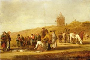 ビーチで漁獲物を売る漁師 (キャンバスに油彩) 作： Pieter de Neyn