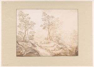 女性、男性、農夫がいる木々が生い茂る風景 作： Pieter de Porck