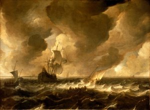 オランダ沖に浮かぶフルートと他の船、17世紀半ば（油絵） 作： Pieter de Zeelander