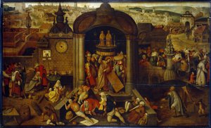 神殿から商人を追い出すキリスト。 （神殿から金貸しを追い出すキリスト）。 キリストの受難のシーンを背景に、街のパノラマの前に。 ヒエロニムス (ジェローム) ボスの影響を受けたオランダ人アーティストの絵画 作： Pieter Bruegel the Elder
