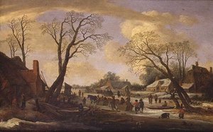 農民と馬橇（ばそり）のある冬の川の風景 作： Pieter the Elder Molyn