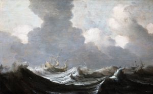 強風の前を走る4隻の船、1630年 作： Pieter the Elder Mulier