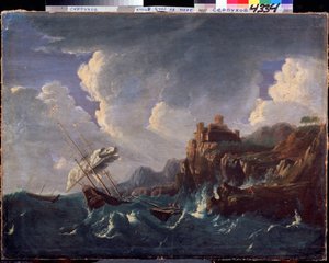 嵐の海。 嵐の海。 Pieter Mulier II the Younger (または Pietro Mulieribus または Pietro Cavaliere Tempesta) (1637-1701) による絵画。 オランダの芸術、バロック様式。 キャンバスに油彩。 国立歴史芸術博物館、セルプホフ（セルプホフ）。 作： Pieter the Younger Mulier