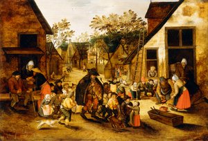 村の子供たちに囲まれたハーディガーディブラインドプレーヤー、1610年頃 作： Pieter Brueghel the Younger