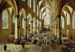 教会の内部に集まった人物像、17世紀 作： Pieter the Younger Neeffs