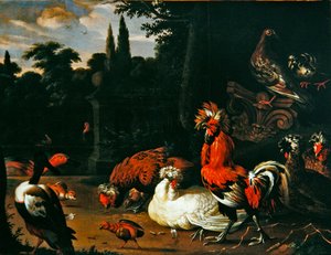 雄鶏、ニワトリ、ヒヨコ、アヒルが庭にいる風景（油彩・キャンバス） 作： Pieter van Mase