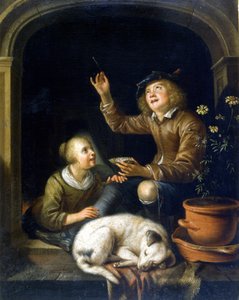 シャボン玉です。ピーテル・コルネリゼ・ファン・スリングラント（1625～1691）の絵画。ミラノのカステッロ美術館。 作： Pieter van Slingelandt