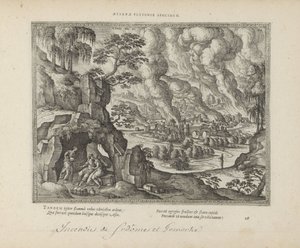 Vernietiging van Sodom en Gomorrah / Lot en zijn dochters 永遠の正義のモニュメント (オブジェクトのタイトル) 両約聖書の聖印と主な歴史（旧約聖書）（連載タイトル） 本の絵と図（連載タイトル） 作： Pieter van der Borcht (I)
