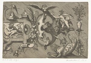 夜を描いた大きなカルトゥーシュの右半分 Compertimenta pictoriis flosculis manubiisque… (シリーズタイトル)