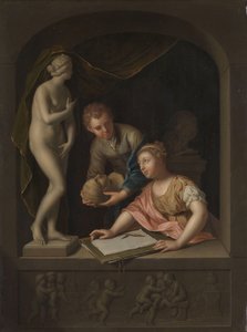 ヴィーナス像の近くで絵を描く少女と少年 絵を描く女の子と男の子が描かれたヴィーナス像 作： Pieter van der Werff