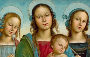 聖ローザと聖カタリナの間の聖母子（クロモリト） 作： Pietro (after) Perugino