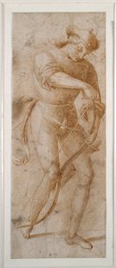 弓の弦を張る青年（白い紙にペンと茶色のインク 作： Pietro (follower of) Perugino