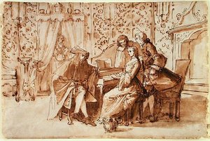 A Music Party (紙に黒チョークの上にペンと茶色のウォッシュ) 作： Pietro Antonio Novelli
