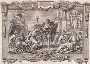 アンニーバレ・カラッチがアポロとミネルヴァに絵画を紹介、1674年。 作： Pietro Aquila