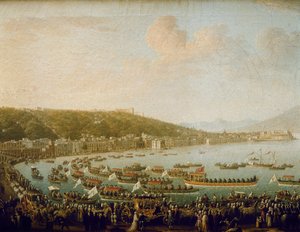 スペインのカルロス 3 世 (カルロス 3 世) (1716-1788) のナポリ湾 (イタリア) からの出発。 ピエトロ ファブリス (1756-1779) の絵画、キャンバスに油彩 作： Pietro Fabris