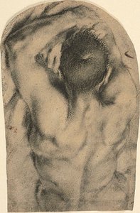 後ろから見た半身臥位の男性裸婦、1590年頃（木炭、油絵具のタッチと鉛白の痕跡、紙） 作： Pietro Faccini