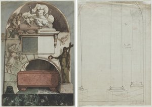 ボローニャのチェルトーザにある芸術家の墓のフレスコ画（直腸）のデザイン。 柱の建築図面 (裏面)