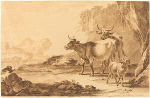 牛とヤギと休む羊飼いのいる風景 作： Pietro Giacomo Palmieri