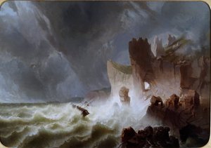Lido solitario 船が嵐に巻き込まれ、崖に墜落した海の風景。 Pietro Giuria の絵画 (19 世紀) Dim。 140x200 cm Genes Nervi、Galleria d