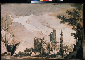 「港の眺め」劇場の装飾。 ピエトロ ディ ゴッタルド ゴンザガ (1751-1831) による水彩画 (1818 年)。紙に水彩画とインク。 モスクワ、プーシキン美術館 作： Pietro Gonzaga
