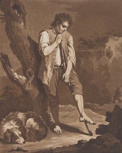 羊飼いの休息、犬が足元に横たわっている間、棒で休んでいる若い男性..., ca. 1757-1804。 作： Pietro Jacopo Palmieri