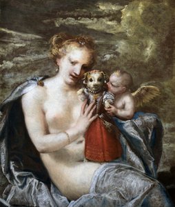 ビーナス、キューピッド、そして子供の格好をした小さな犬。 作： Pietro Liberi