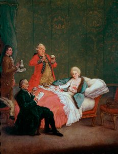 朝のチョコレート 貴族の若い女性がベッドに横たわり、3人の男性に仕えている。ピエトロ・ロンギ（1702-1785）1775-1780年の絵画。寸法60x47 cm カ・レッツォーニコ、ヴェネツィア 作： Pietro Longhi