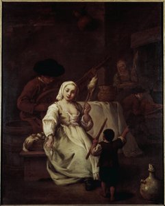 紡ぎ手 - ピエトロ・ロンギ（1702-1785）の絵画、油彩・キャンバス、69x49cm、1750年頃。ヴェネツィア、ケリーニ・スタンパリア財団 作： Pietro Longhi