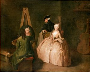 画家のアトリエ イーゼルを前にした画家が若い女性を描いています。ピエトロ・ロンギ（1702-1785）による絵画 1740-1745日44x53 cm ヴェネツィア、カ