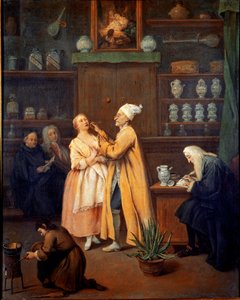 薬剤師がピエトロ・ロンギ（1702-1785）による絵画。1752年（前景にアロエベラ） ヴェネツィア、アカデミア美術館