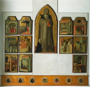 ピエトロ・ロレンツェッティ（1280年頃～1348年頃）の「祝福された謙遜の祭壇画」、パネルにテンペラと金箔 作： Pietro Lorenzetti