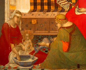 ピエトロ・ロレンツェッティ（1280年頃～1348年頃）の「聖母降誕図」三幅の一部、木にテンペラ 作： Pietro Lorenzetti