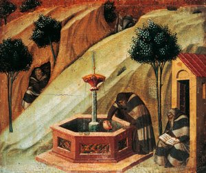 預言者エリヤの泉から水を汲むカルメル会士、ピエトロ・ロレンツェッティ（1280年頃～1348年頃）によるカルミネ祭壇画の台座の細部、木板にテンペラと金彩 作： Pietro Lorenzetti