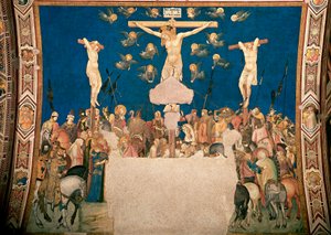 ピエトロ・ロレンツェッティによる磔刑のフレスコ画（1280/5頃～1348年） 1335～1340年 アッシジの聖フランチェスコ下層教会のバシリカ 作： Pietro Lorenzetti