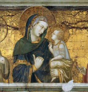 アッシジのフランシスコと伝道者ヨハネの間の聖母子。詳細。約1315-1319 作： Pietro Lorenzetti